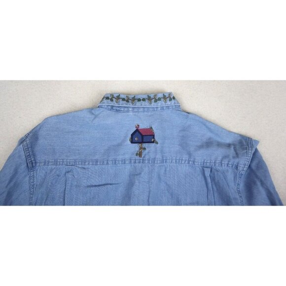 NORTHERN REFLECTIONS - DENIM BIRDHOUS EMBROIDERED LONG SLEEVE BUTTON-UP TOP - XS - Picture 6 of 6